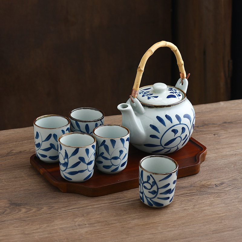 茶具套装陶瓷手绘提梁泡茶壶大号五杯原木托盘水壶覆古家居泡茶器,餐饮具,茶壶,淘宝优惠券,粉丝福利购,淘宝优惠卷