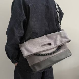 小众双拼设计麂皮绒灰色托特包女大容量编织手柄单肩斜挎包通勤包