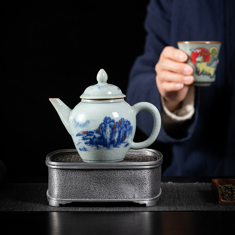 原源仿古青花茶壶汝窑开片陶瓷手抓单壶山水家用功夫茶具过滤茶壶