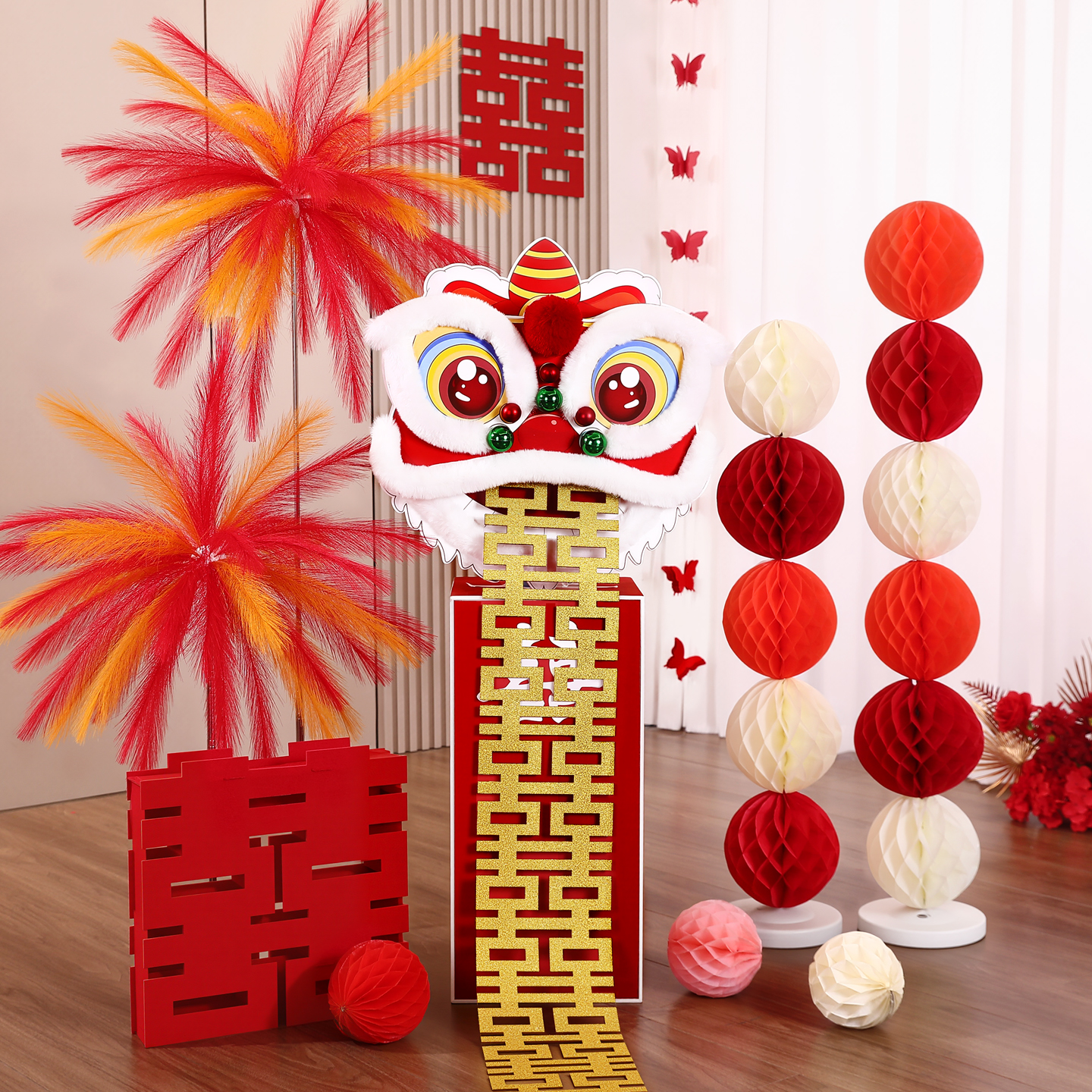 结婚新房醒狮摆件婚房布置套装