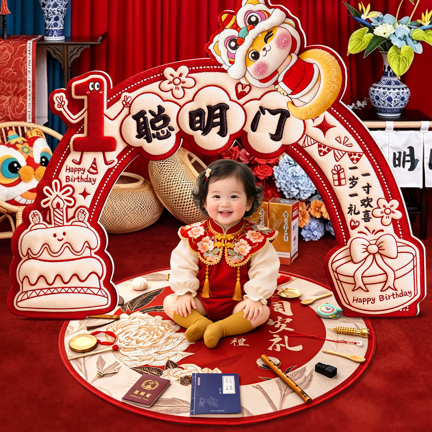 聪明门蛇宝宝一周岁生日场景布置装饰宝宝抓周宴拍照道具全套用品图片
