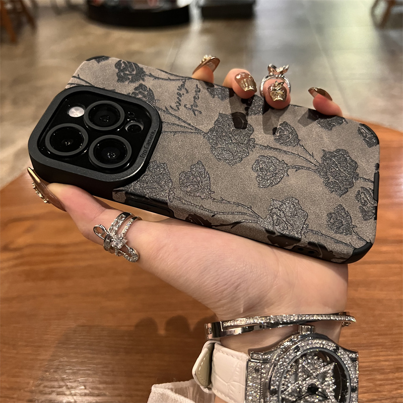 灰底黑玫瑰适用苹果16手机壳新款苹果16promax套iphone16高级感苹果15promax硅胶苹果13全包14Pro小众12女11