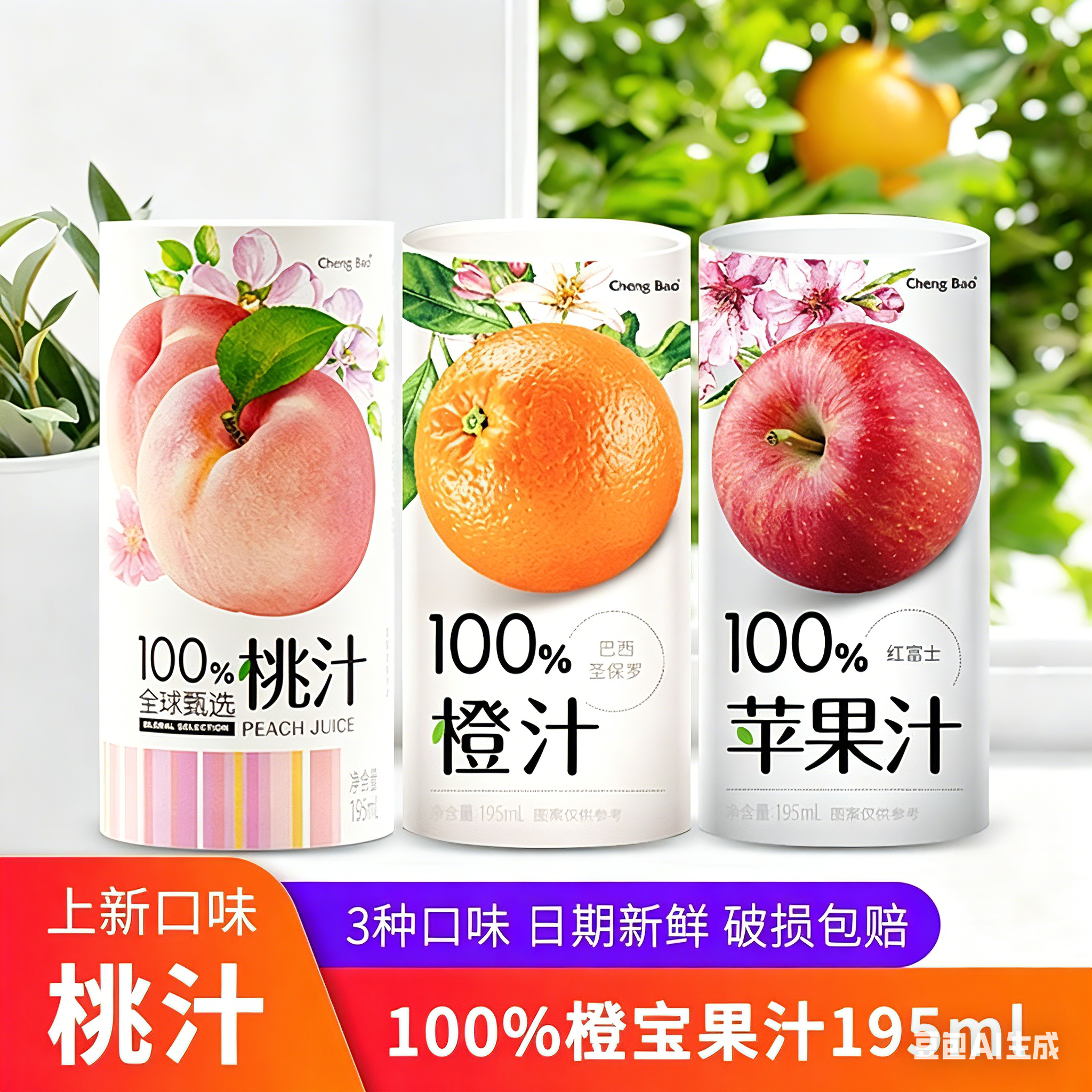 橙宝果汁100%苹果汁巴西圣保罗橙汁桃子汁饮料纸盒装195ml*6/12盒