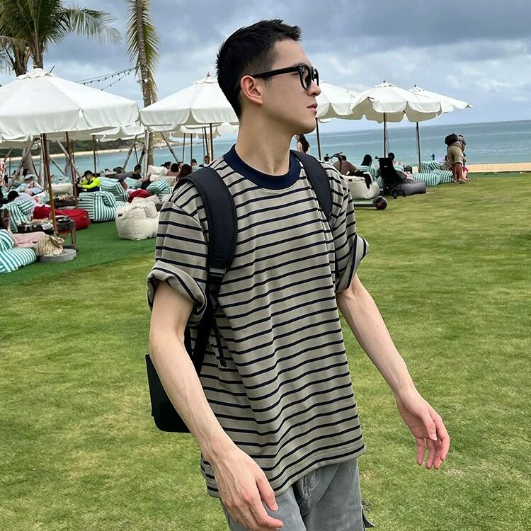 复古军绿色条纹圆领短袖T恤男款夏季韩版高级感宽松休闲半袖上衣,男装T恤,星座603-2