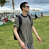 复古军绿色条纹圆领短袖T恤男款夏季韩版高级感宽松休闲半袖上衣，男装T恤，星座603-2