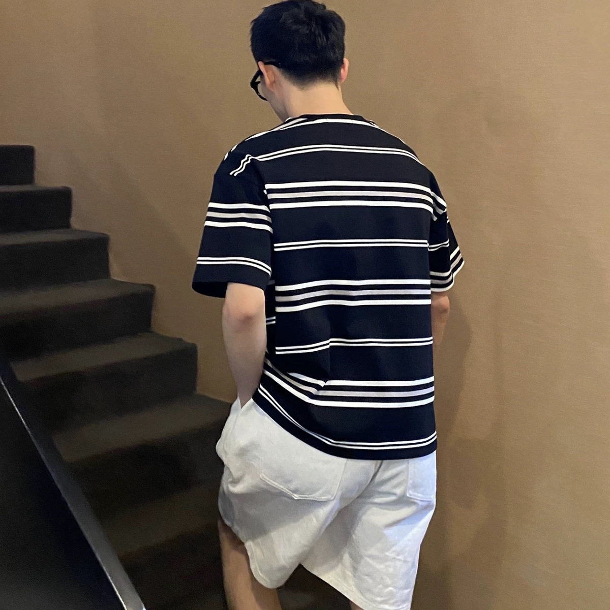 nicktian日系新款黑白条纹t恤男夏季宽松休闲短袖半袖体恤百搭,男装T恤,星座603-2