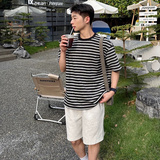CC黑色圆领色织提花条纹短袖T恤男生2025新款夏季纯棉宽松休闲，男装T恤，星座603-2
