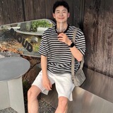 CC黑色圆领色织提花条纹短袖T恤男生2025新款夏季纯棉宽松休闲，男装T恤，星座603-2