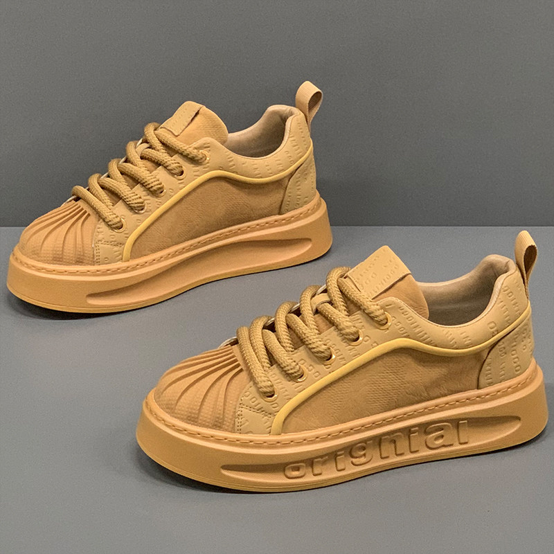 休闲鞋男款冬季2025新款皮面百搭贝壳头板鞋子潮软底增高驼色男鞋,流行男鞋,休闲板鞋,淘宝优惠券,粉丝福利购,淘宝优惠卷