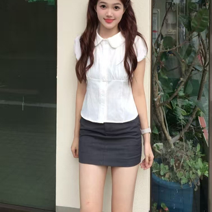 白色娃娃领法式衬衫短袖设计感甜妹夏季收腰短款修身小个子上衣女