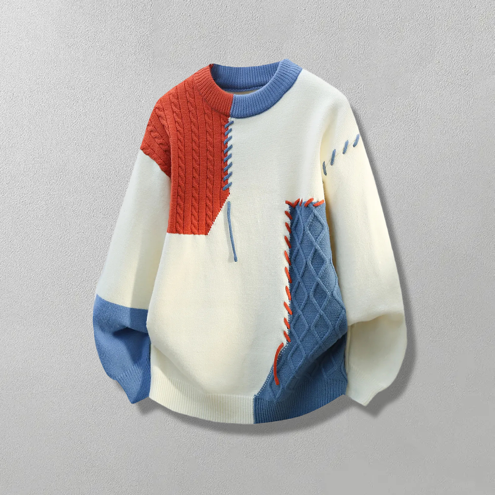 拼接圆领套头宽松毛衣针织外套男