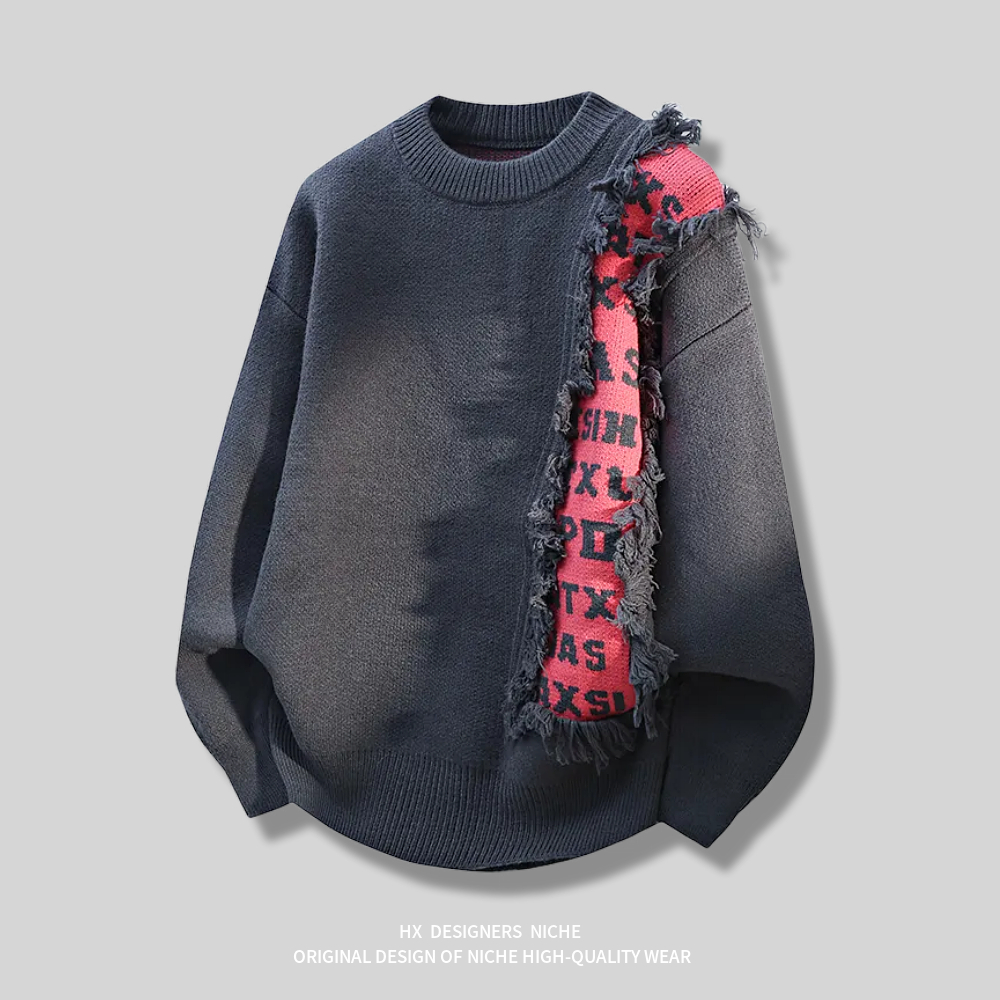 字母破洞圆领套头毛衣针织外套男