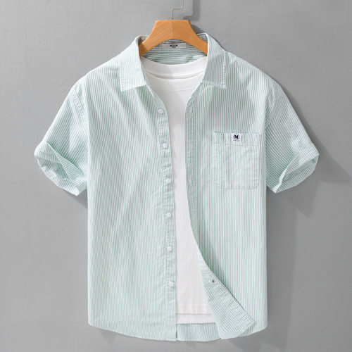 日系高级感竖条纹短袖衬衫男士夏季纯棉透气休闲宽松翻领半袖上衣