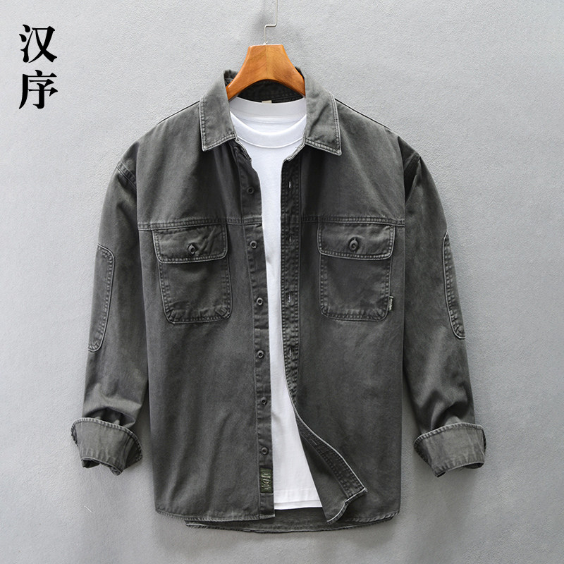 春季宽松复古工装衬衫夹克男长袖休闲纯棉灰色外套衬衣内搭打底寸