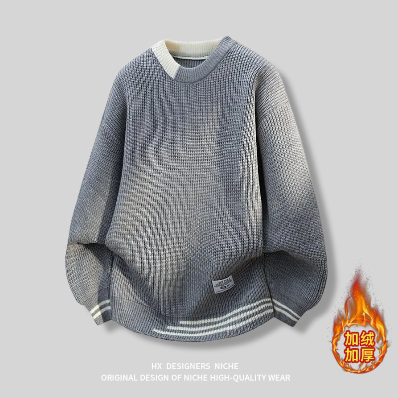 加绒加厚保暖套头毛衣针织外套男