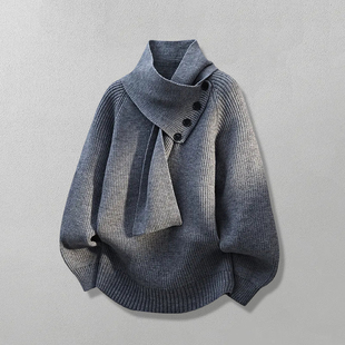 汉序秋冬季日系复古围巾领毛衣服外套针织男宽松休闲打底衫氛围感