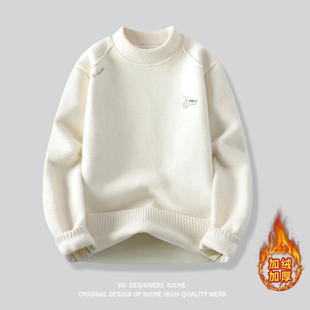 秋冬日系复古加绒加厚保暖上衣外套男毛衣 汉序设计感 白茶