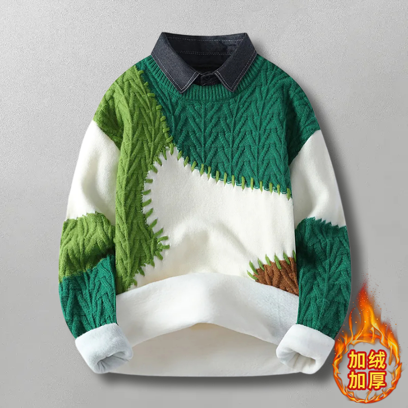 拼接拼色加绒毛衣服外套针织衫男