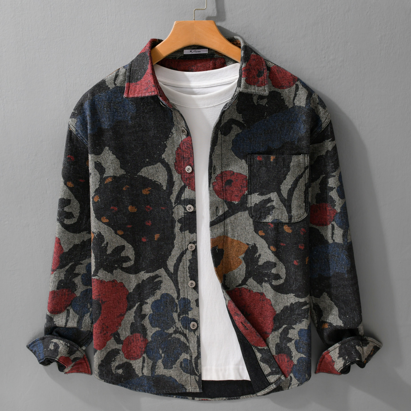 春季日系复古花卉印花长袖衬衫男宽松休闲衬衣外套上衣高级感百搭,男装,汉服,淘宝优惠券,粉丝福利购,淘宝优惠卷