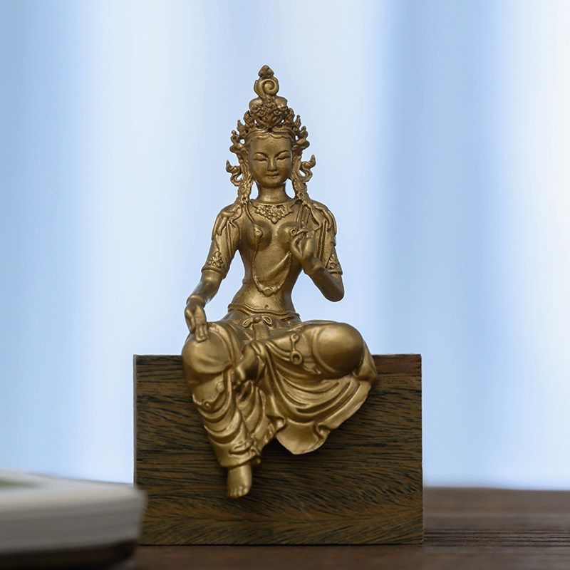 简修行绿度母佛像摆件菩萨铜像随身佛精致中式禅意茶空间家居饰品