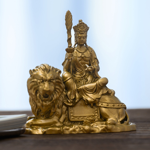 五台山文殊菩萨佛像文殊桌摆件青狮文德坐骑铜像随身佛桌面装饰品