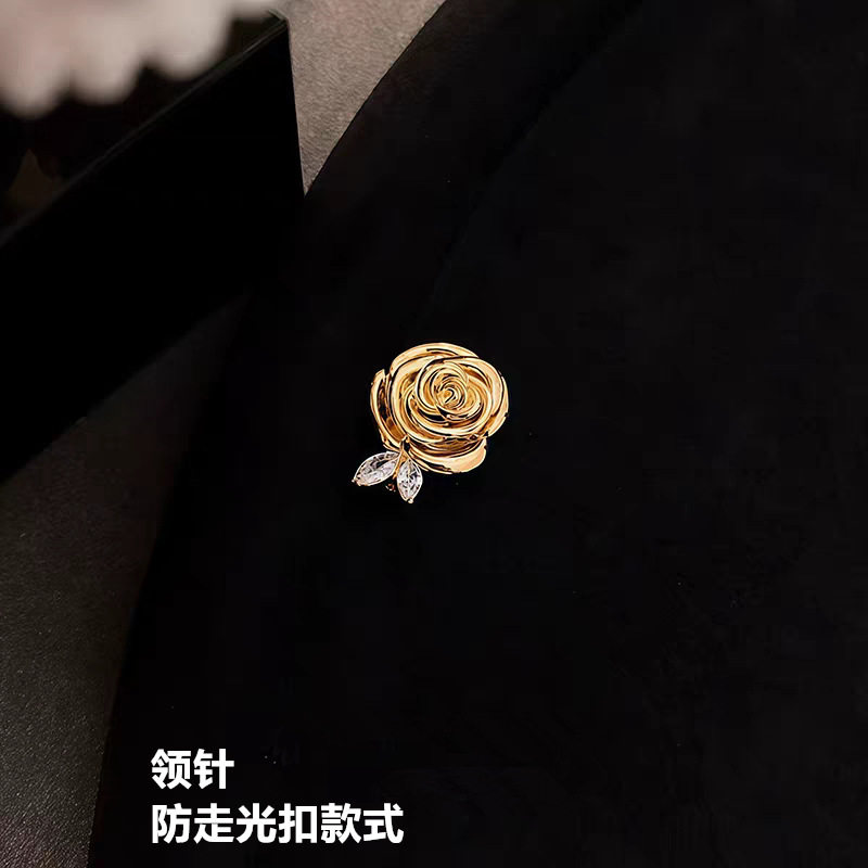 2026复古金色玫瑰水晶领针精致百搭西装衬衫胸针配饰轻奢防走光扣