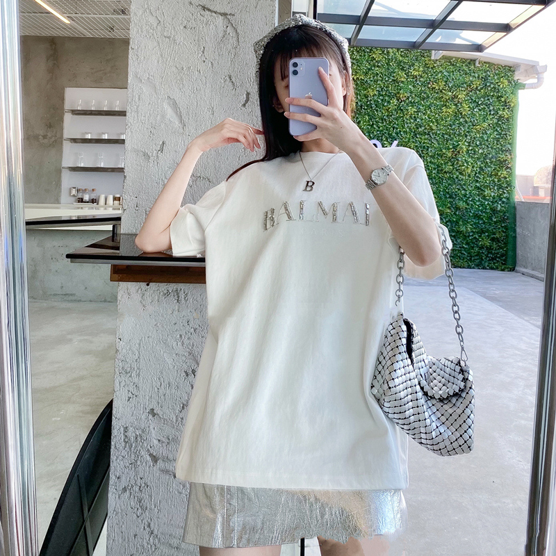 短袖T恤女2021夏季新款女装韩版百搭时尚字母宽松纯棉中长款上衣