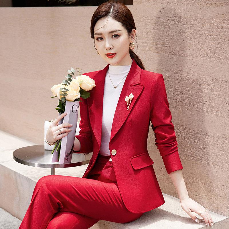高级感西装套装女秋冬休闲时尚气质红色收腰显瘦正装职业西服外套