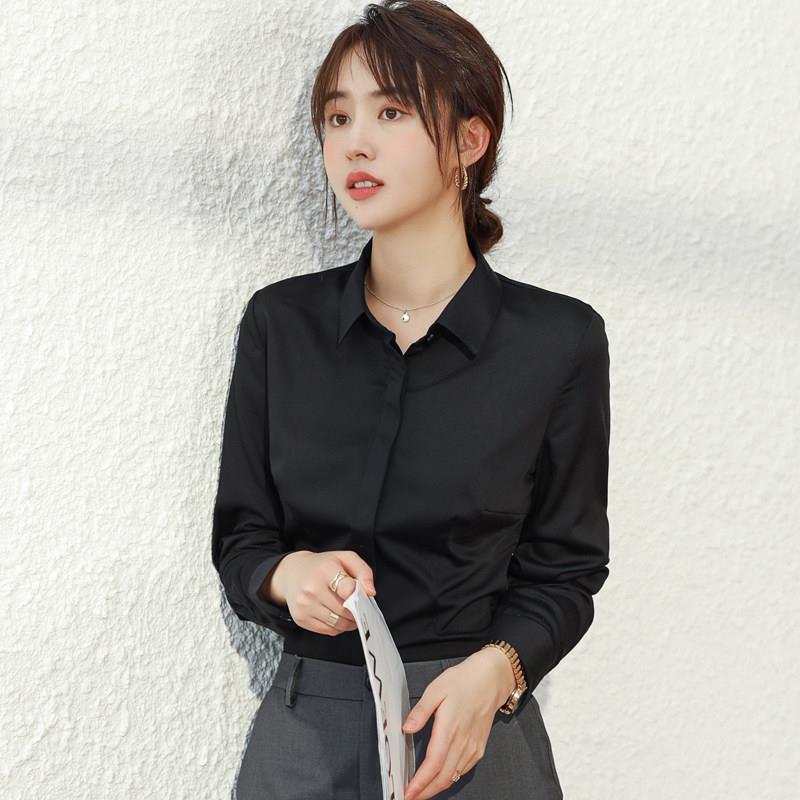 免烫弹力黑色衬衫女长袖正装暗扣打底衬衣上班面试工作服加绒秋冬