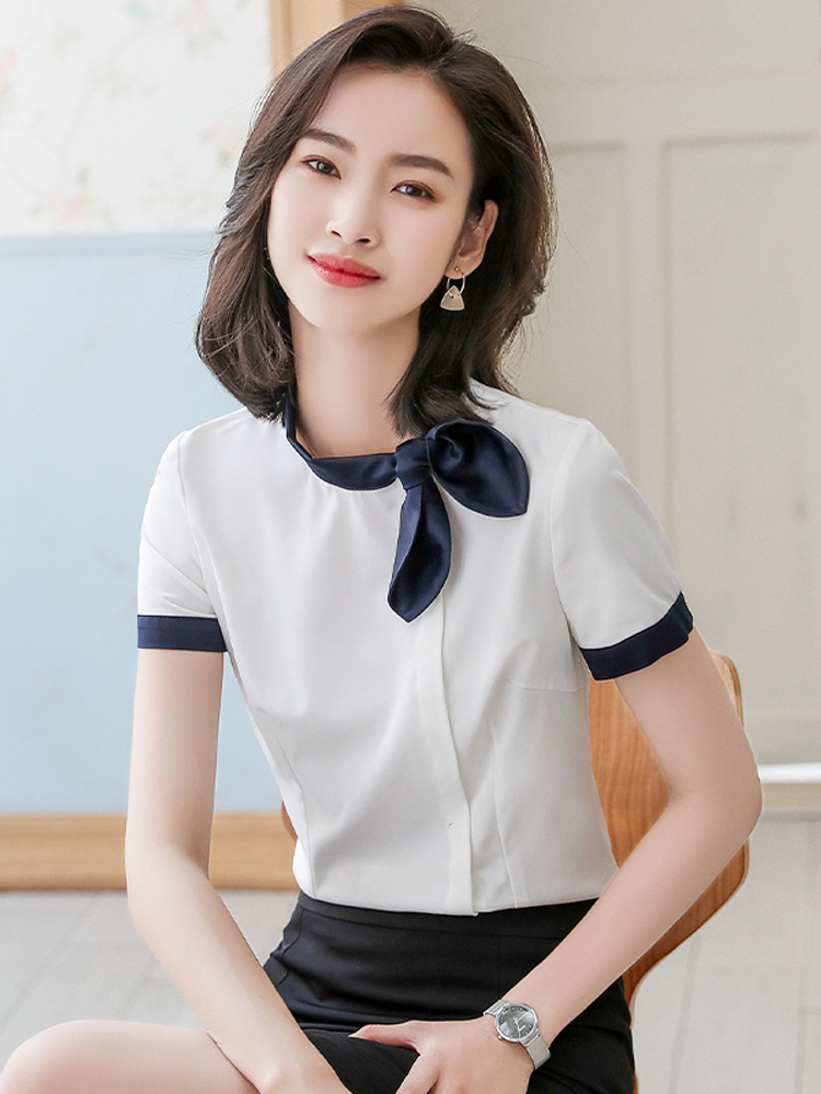 职业气质衬衫女短袖酒店前台工作服夏季高端空姐制服白色衬衣套装