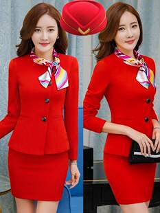 打军鼓服装套装新款职业装女西装美容师空姐演出服工作服长袖套裙