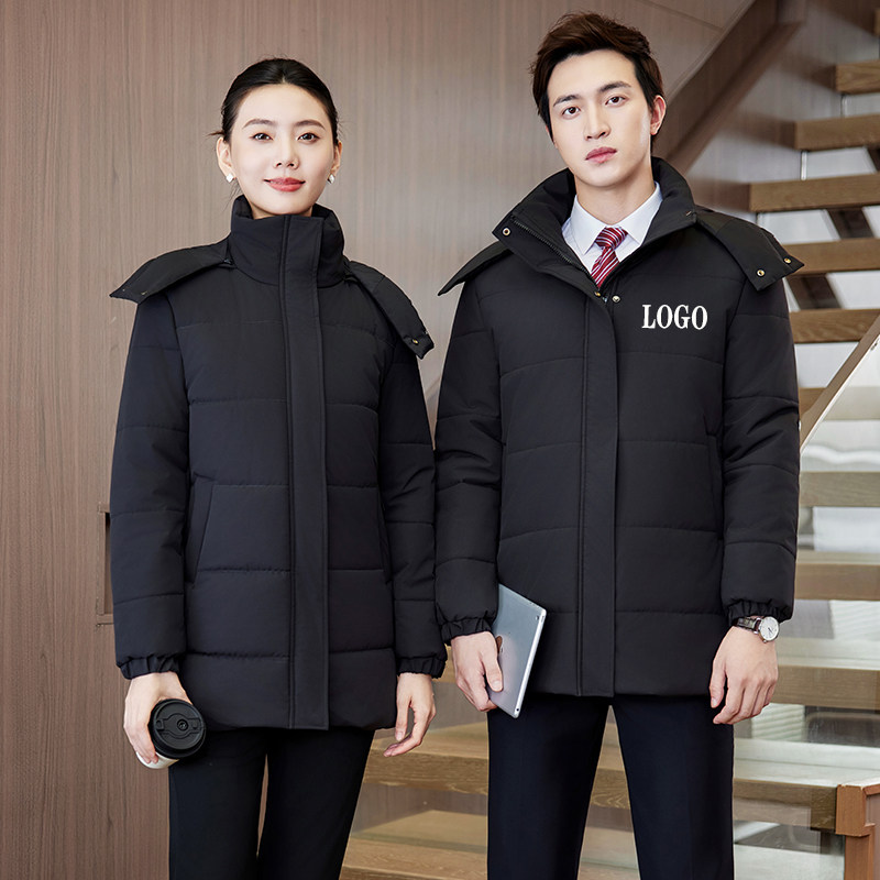 职业中长款羽绒棉服男女同款工装加厚棉衣外套酒店前台物业工作服