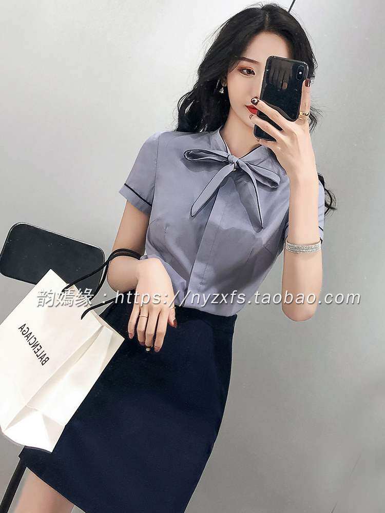 新款 女士衬衫短袖蝴蝶结上衣韩版工作服气质大码宽松夏装2020