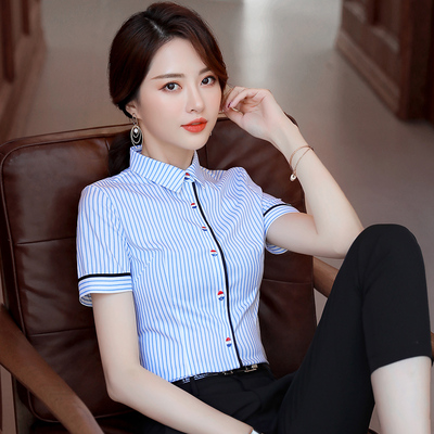 酒店服务员工作服夏装蓝条纹衬衫女短袖餐饮KTV前台收银客服工装