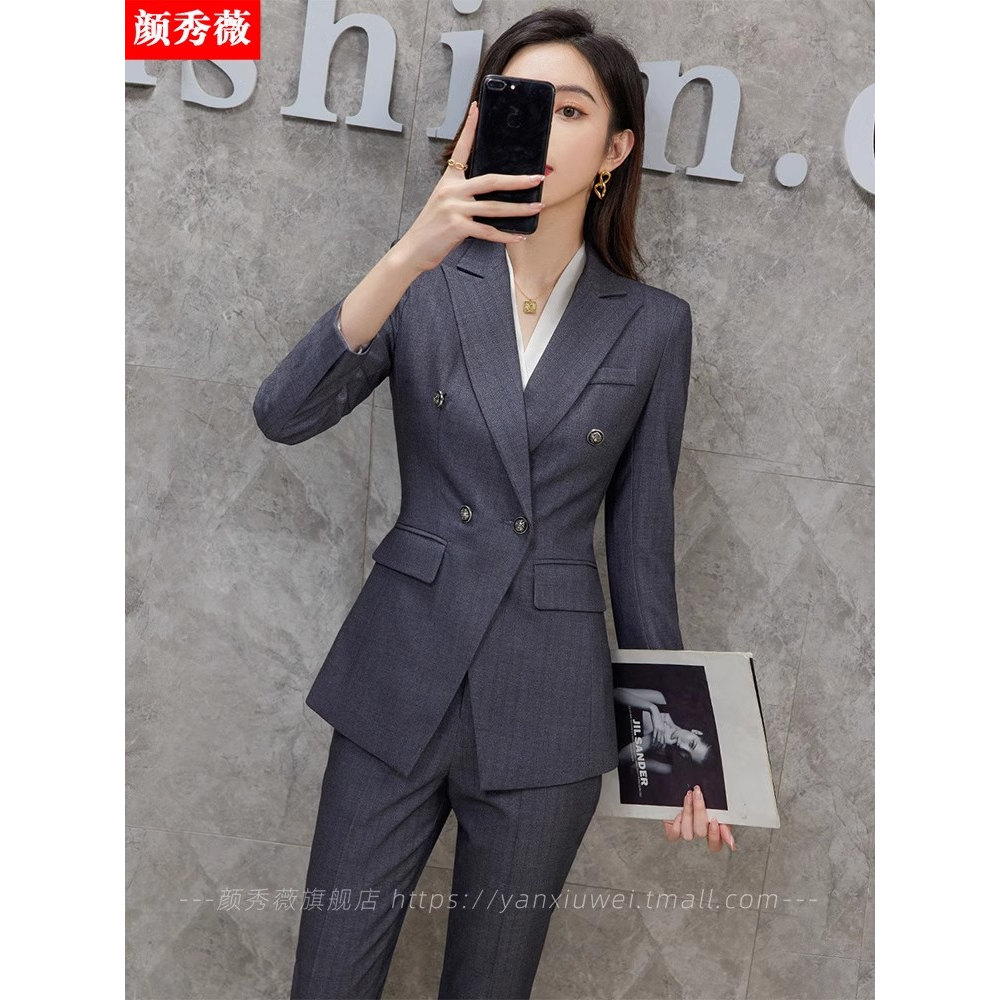条纹西装套装女秋冬新款职业装大学生面试正装气质酒店西服工作服