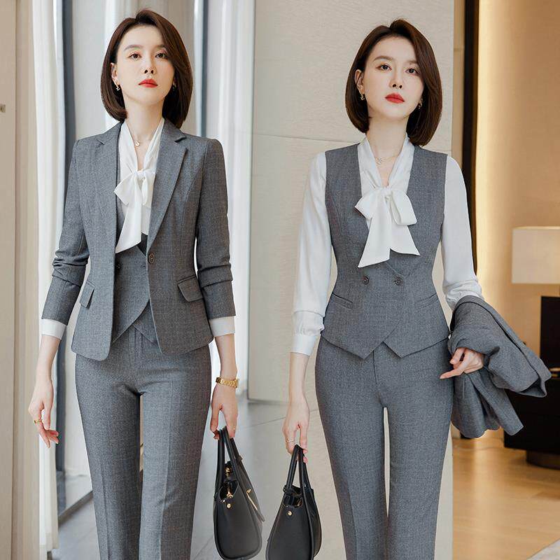 职业装套装女新款秋冬时尚气质灰色西服女士OL西装马甲正装工作服