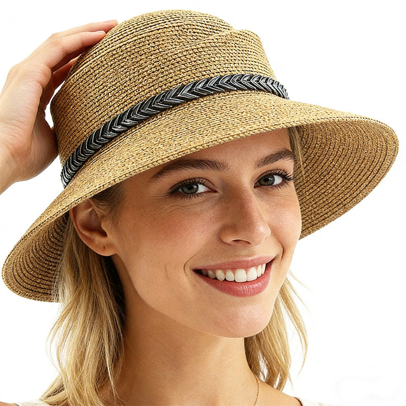 夏天纯色少女链条草帽草编出游沙滩大檐遮阳防嗮太阳帽凹凸顶礼帽