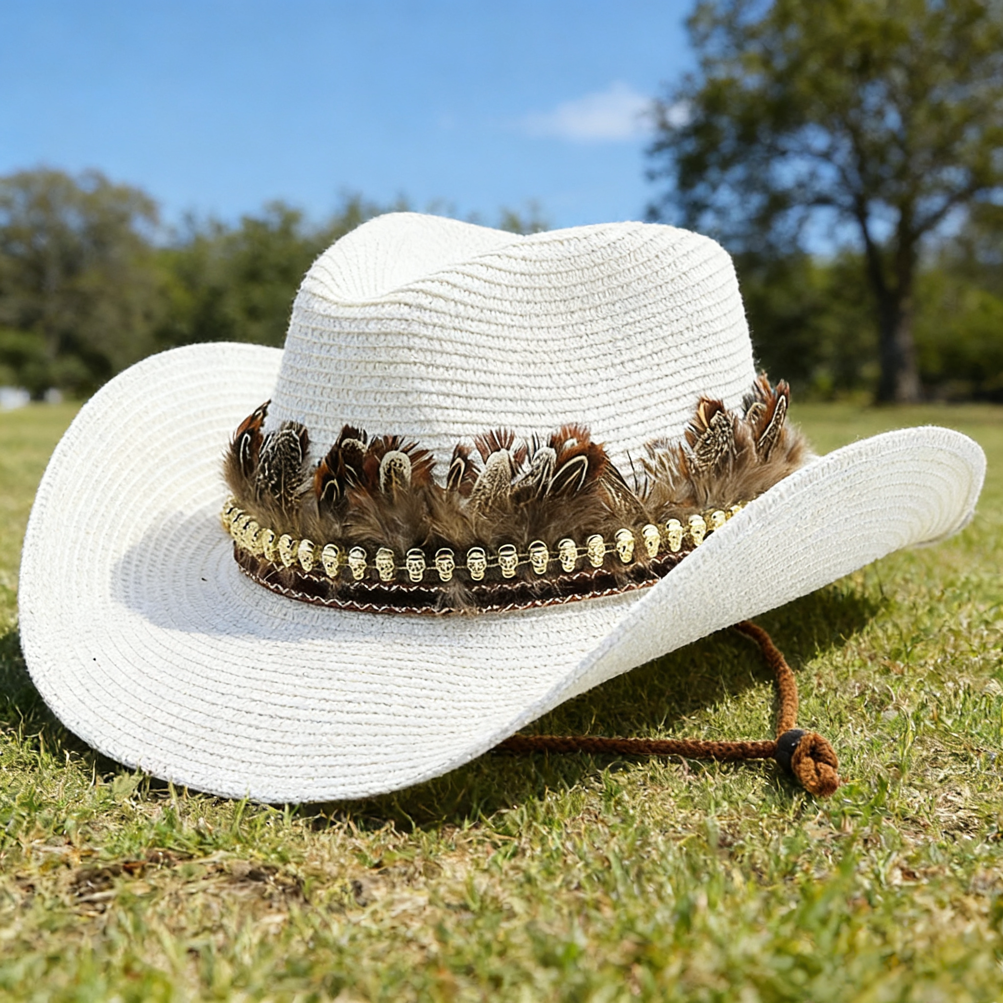 民族风西部牛仔草帽春夏新款藏式藏族礼帽骑行露营美式羽毛带装饰