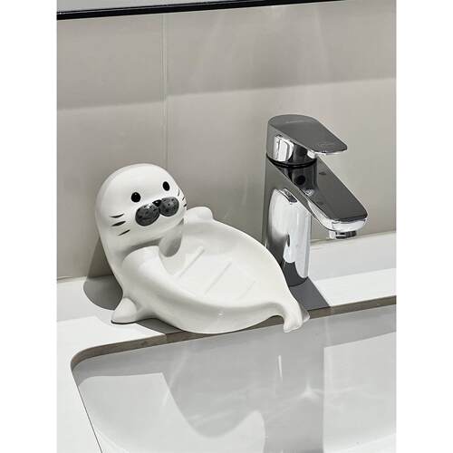 可爱海豹肥皂盒陶瓷沥水香皂碟洗手洗漱台卫生间香皂置物架