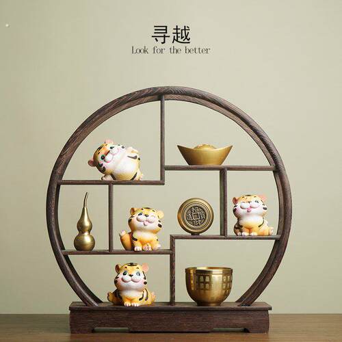 精品虎年办公室小老虎生肖摆件博古架中式客厅玄关创意家居木质装