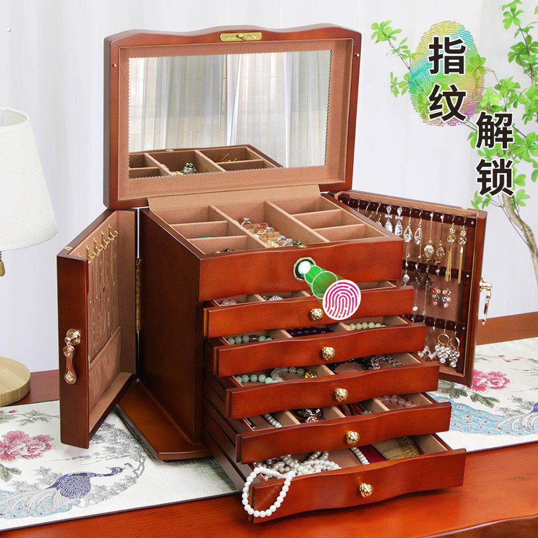 指纹密码锁首饰收纳盒实木保险箱中式覆古生日结婚礼物大容量高档