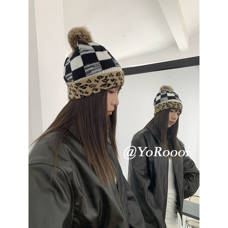 YoRoooi 小众复古千禧豹纹百搭针织帽y2k毛线帽时髦显脸小毛球帽