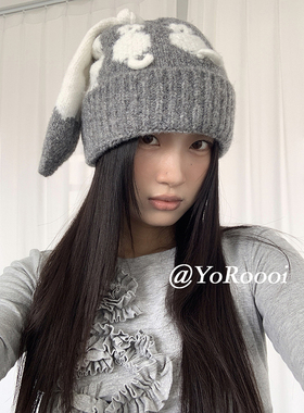 YoRoooi 秋冬新款小众可爱耳朵帽子针织帽简约百搭保暖护耳毛线帽