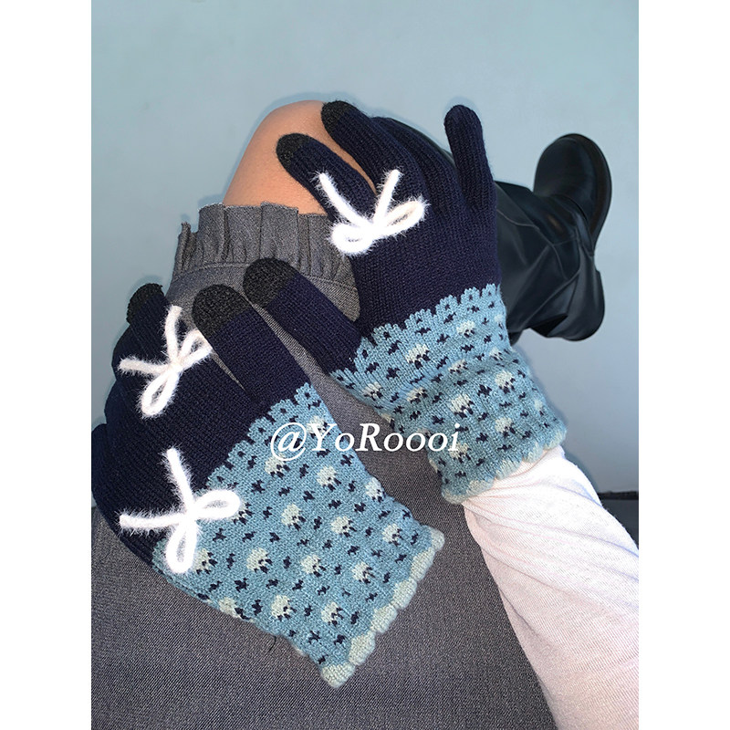 保暖加厚复古蝴蝶结露指手套女