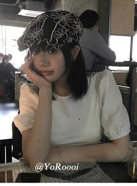 YoRoooi 韩系小众重工立体提花花朵刺绣黑色贝雷帽百搭出街画家帽