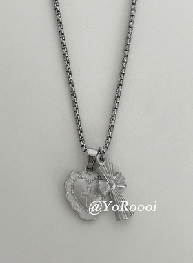 甜酷少女百搭爱心十字架吊坠项链