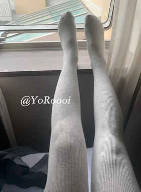 YoRoooi 秋冬韩系浅灰色加绒棉质竖条螺纹保暖加厚连脚袜子打底袜