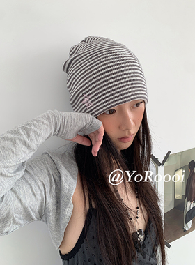 YoRoooi 韩系ins简约条纹复古包头帽百搭简约保暖y2k针织帽毛线帽