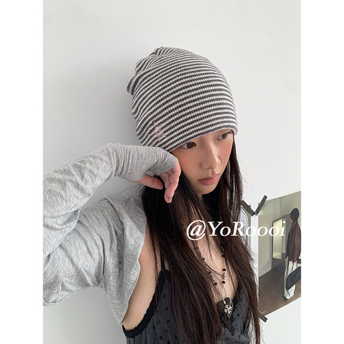 韩系ins简约条纹复古包头帽百搭