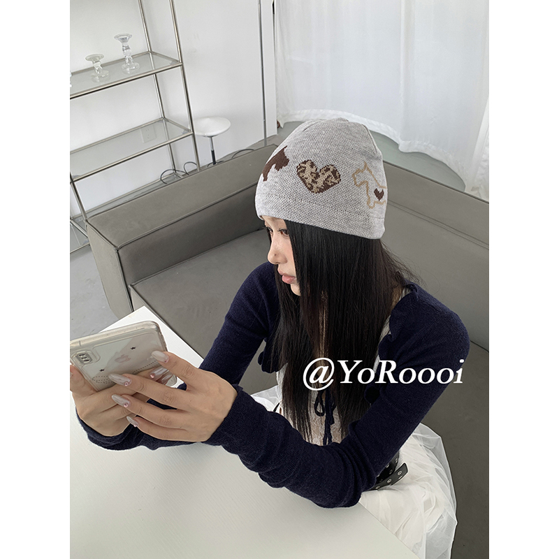 YoRoooi 韩系复古ins提花小狗豹纹爱心针织帽羊毛混纺保暖冷帽女